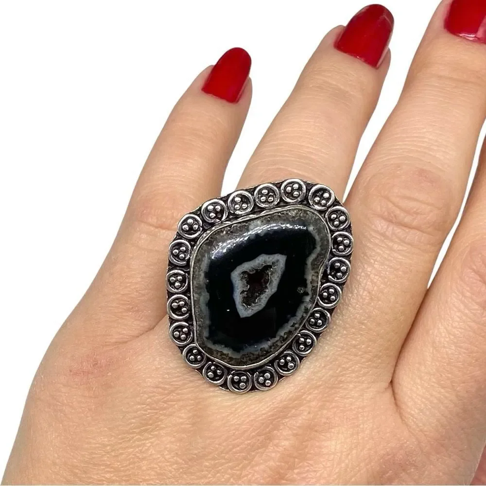 Black Druzy Botswana Agate Geode Ring 925 Sterling Silver Overlay Size 7.5